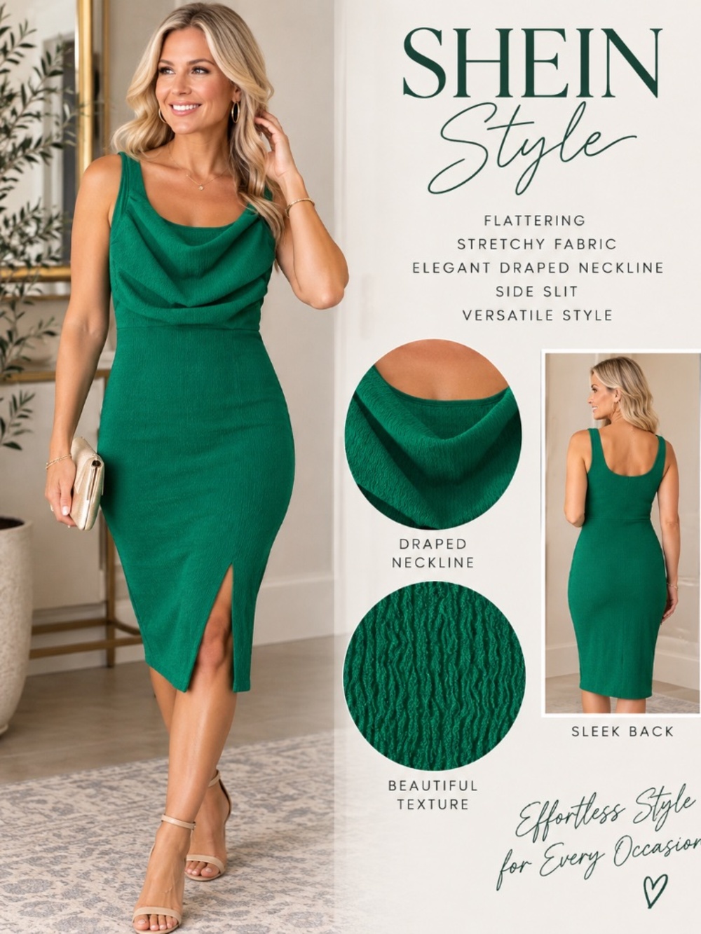 Emerald Green Stretch Draped Neck Midi Dress XS
